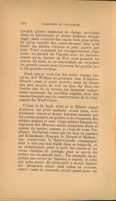 Reproduction de la deux cent huiti&egrave;me page de Forestiers et voyageurs : moeurs et l&eacute;gendes canadiennes, de Joseph-Charles Tach&eacute;, relatant des t&eacute;moignages de voyageurs d&eacute;crivant la conteste, soit la rivalit&eacute; entre la Compagnie du Nord-Ouest et la Hudson’s Bay Company pour le monopole de la traite des fourrures en Ontario et dans l’Ouest canadien, 1884.