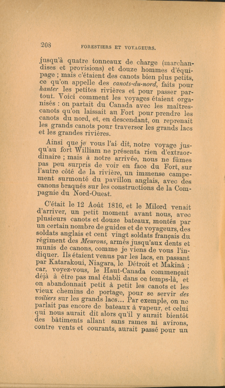 Reproduction de la deux cent huiti&egrave;me page de Forestiers et voyageurs : moeurs et l&eacute;gendes canadiennes, de Joseph-Charles Tach&eacute;, relatant des t&eacute;moignages de voyageurs d&eacute;crivant la conteste, soit la rivalit&eacute; entre la Compagnie du Nord-Ouest et la Hudson’s Bay Company pour le monopole de la traite des fourrures en Ontario et dans l’Ouest canadien, 1884.