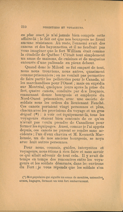 Reproduction de la deux cent dixi&egrave;me page de Forestiers et voyageurs : moeurs et l&eacute;gendes canadiennes, de Joseph-Charles Tach&eacute;, relatant des t&eacute;moignages de voyageurs d&eacute;crivant la conteste, soit la rivalit&eacute; entre la Compagnie du Nord-Ouest et la Hudson’s Bay Company pour le monopole de la traite des fourrures en Ontario et dans l’Ouest canadien, 1884.