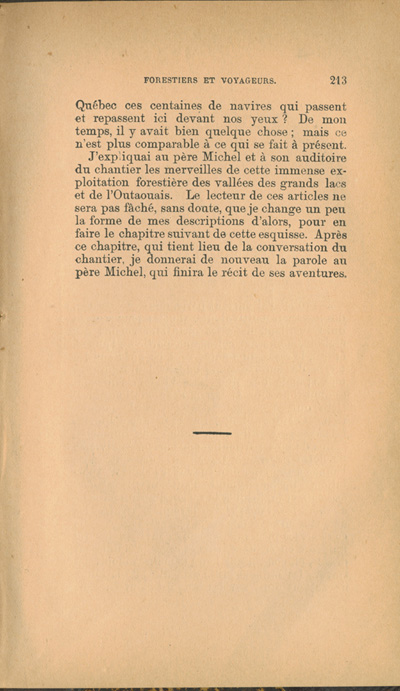 Reproduction de la deux cent treizi&egrave;me page de Forestiers et voyageurs : moeurs et l&eacute;gendes canadiennes, de Joseph-Charles Tach&eacute;, relatant des t&eacute;moignages de voyageurs d&eacute;crivant la conteste, soit la rivalit&eacute; entre la Compagnie du Nord-Ouest et la Hudson’s Bay Company pour le monopole de la traite des fourrures en Ontario et dans l’Ouest canadien, 1884.