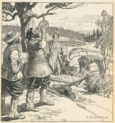 Reproduction de la vingt-septi&egrave;me page du premier tome de The Picture Gallery of Canadian History de Charles W. Jefferys, comprenant une illustration de Samuel de Champlain sur les rives de l’Outaouais en 1613, 1942.