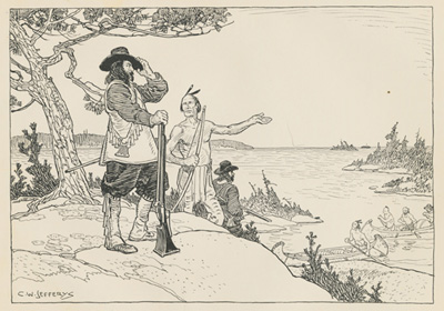 Reproduction de la trenti&egrave;me page de Canada’s Past in Picture de Charles W. Jefferys, comprenant une illustration de Samuel de Champlain &agrave; la Baie Georgienne en 1615, 1934.
