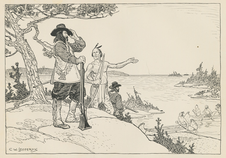 Reproduction de la trenti&egrave;me page de Canada’s Past in Picture de Charles W. Jefferys, comprenant une illustration de Samuel de Champlain &agrave; la Baie Georgienne en 1615, 1934.