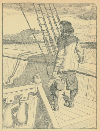 Reproduction de la quatre-vingt-quinzi&egrave;me page du premier tome de The Picture Gallery of Canadian History de Charles W. Jefferys comprenant une illustration de Samuel de Champlain sur le pont du navire des fr&egrave;res Kirke quittant Qu&eacute;bec, en 1629, 1942.