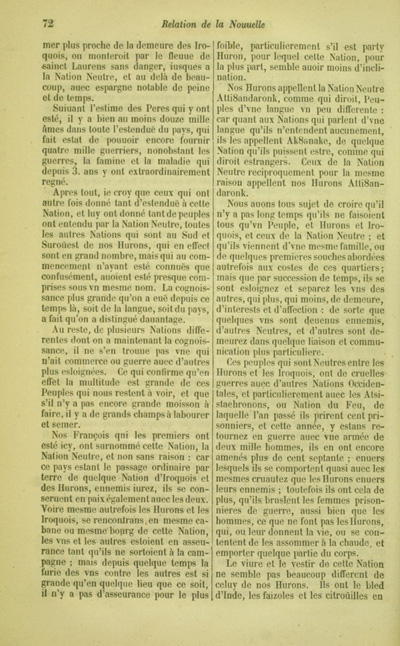 Reproduction de la soixante-douzi&egrave;me page de la relation 1641 (Mission des Hurons) par le P&egrave;re J&eacute;r&ocirc;me Lalemand, premier volume des Relations des J&eacute;suites, relatant le voyage des P&egrave;res Pierre-Joseph-Marie Chaumonot et Jean de Br&eacute;beuf au pays des Neutres pr&egrave;s du Lac &Eacute;ri&eacute; en 1640-1641, 1858.