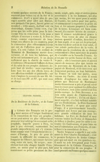 Reproduction de la deuxi&egrave;me page de la relation de 1643 par le P&egrave;re Barth&eacute;lemy Vimont, deuxi&egrave;me volume des Relations des J&eacute;suites, comprenant le r&eacute;cit de la vie de Jean Nicollet, 1858.