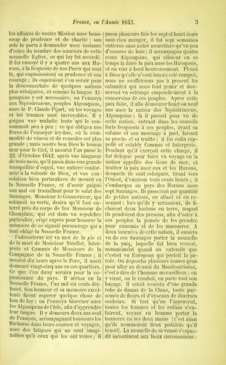 Reproduction de la troisi&egrave;me page de la relation de 1643 par le P&egrave;re Barth&eacute;lemy Vimont, deuxi&egrave;me volume des Relations des J&eacute;suites, comprenant le r&eacute;cit de la vie de Jean Nicollet, 1858.