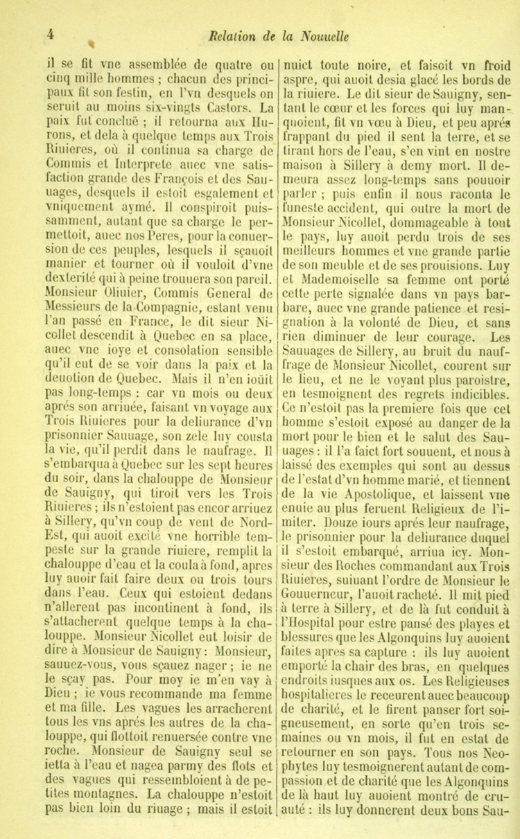 Reproduction de la quatri&egrave;me page de la relation de 1643 par le P&egrave;re Barth&eacute;lemy Vimont, deuxi&egrave;me volume des Relations des J&eacute;suites, comprenant le r&eacute;cit de la vie de Jean Nicollet, 1858.