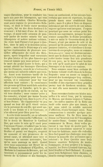 Reproduction de la cinqui&egrave;me page de la relation de 1643 par le P&egrave;re Barth&eacute;lemy Vimont, deuxi&egrave;me volume des Relations des J&eacute;suites, comprenant le r&eacute;cit de la vie de Jean Nicollet, 1858.