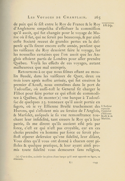 Reproduction de la mille deux cent quarante-neuvi&egrave;me page du deuxi&egrave;me tome de la deuxi&egrave;me &eacute;dition critique de Charles-Honor&eacute; Laverdi&egrave;re des Oeuvres de Champlain d&eacute;crivant la col&egrave;re de Champlain &agrave; l’endroit d’&Eacute;tienne Br&ucirc;l&eacute; et de Nicolas Marsolet en 1629, 1942.