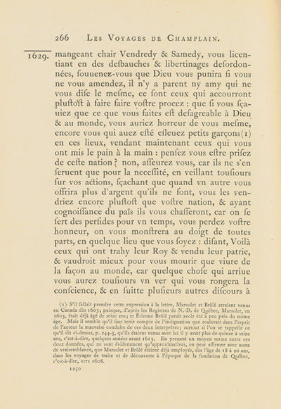 Reproduction de la mille deux cent cinquanti&egrave;me page du deuxi&egrave;me tome de la deuxi&egrave;me &eacute;dition critique de Charles-Honor&eacute; Laverdi&egrave;re des Oeuvres de Champlain d&eacute;crivant la col&egrave;re de Champlain &agrave; l’endroit d’&Eacute;tienne Br&ucirc;l&eacute; et de Nicolas Marsolet en 1629, 1870.