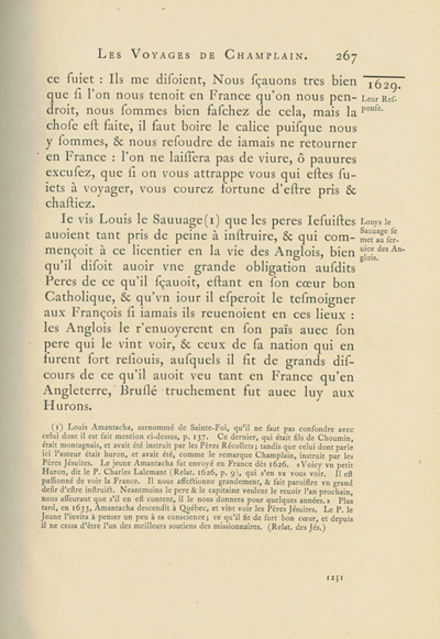 Reproduction de la mille deux cent cinquante et uni&egrave;me page du deuxi&egrave;me tome de la deuxi&egrave;me &eacute;dition critique de Charles-Honor&eacute; Laverdi&egrave;re des Oeuvres de Champlain d&eacute;crivant la col&egrave;re de Champlain &agrave; l’endroit d’&Eacute;tienne Br&ucirc;l&eacute; et de Nicolas Marsolet en 1629, 1870.