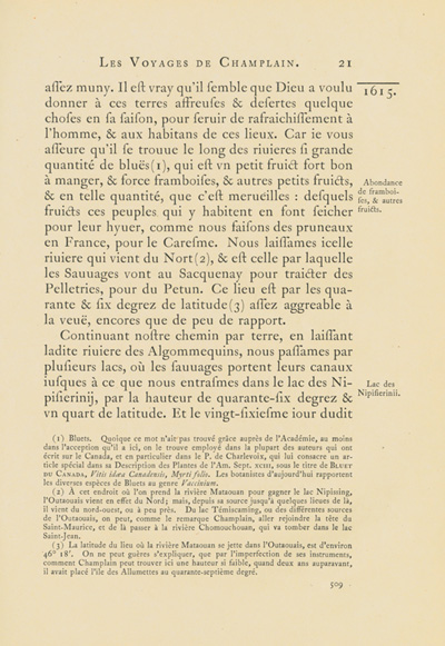 Reproduction de la cinq cent neuvi&egrave;me page du premier tome de la deuxi&egrave;me &eacute;dition critique de Charles-Honor&eacute; Laverdi&egrave;re des Oeuvres de Champlain relatant le voyage de Champlain, du confluent des rivi&egrave;res Mattawa et des Outaouais jusqu’en Huronie en 1615, 1870.