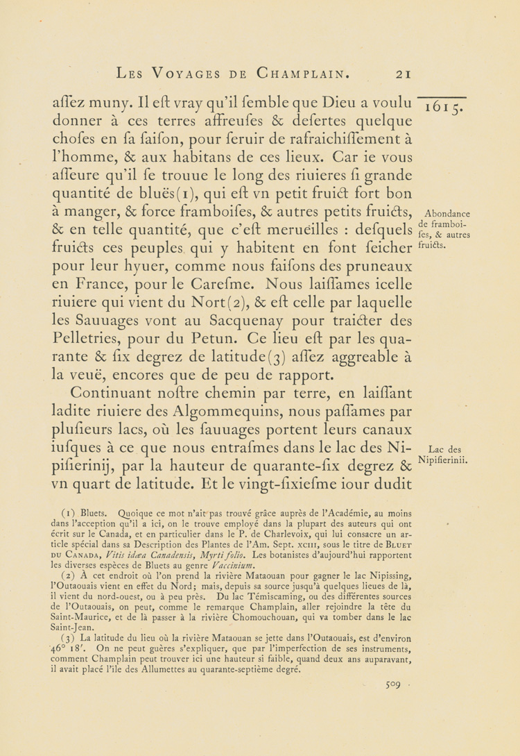 Reproduction de la cinq cent neuvi&egrave;me page du premier tome de la deuxi&egrave;me &eacute;dition critique de Charles-Honor&eacute; Laverdi&egrave;re des Oeuvres de Champlain relatant le voyage de Champlain, du confluent des rivi&egrave;res Mattawa et des Outaouais jusqu’en Huronie en 1615, 1870.