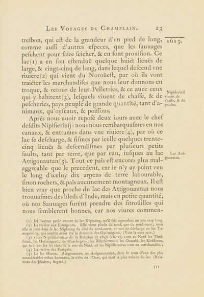 Reproduction de la cinq cent onzi&egrave;me page du premier tome de la deuxi&egrave;me &eacute;dition critique de Charles-Honor&eacute; Laverdi&egrave;re des Oeuvres de Champlain relatant le voyage de Champlain, du confluent des rivi&egrave;res Mattawa et des Outaouais jusqu’en Huronie en 1615, 1870.