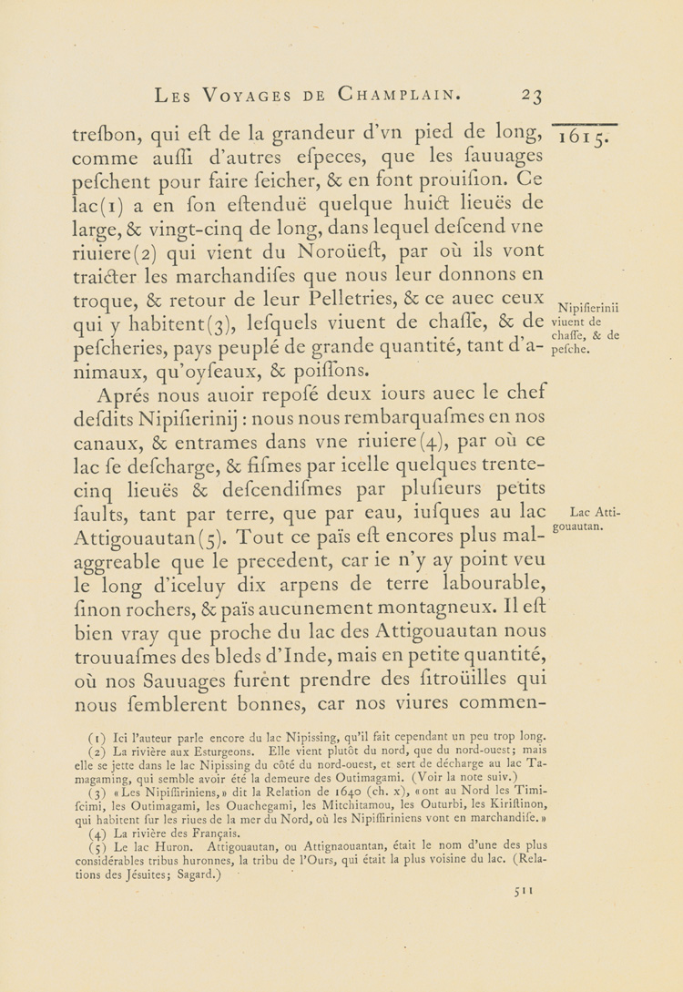 Reproduction de la cinq cent onzi&egrave;me page du premier tome de la deuxi&egrave;me &eacute;dition critique de Charles-Honor&eacute; Laverdi&egrave;re des Oeuvres de Champlain relatant le voyage de Champlain, du confluent des rivi&egrave;res Mattawa et des Outaouais jusqu’en Huronie en 1615, 1870.