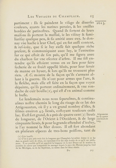 Reproduction de la cinq cent treizi&egrave;me page du premier tome de la deuxi&egrave;me &eacute;dition critique de Charles-Honor&eacute; Laverdi&egrave;re des Oeuvres de Champlain relatant le voyage de Champlain, du confluent des rivi&egrave;res Mattawa et des Outaouais jusqu’en Huronie en 1615, 1870.