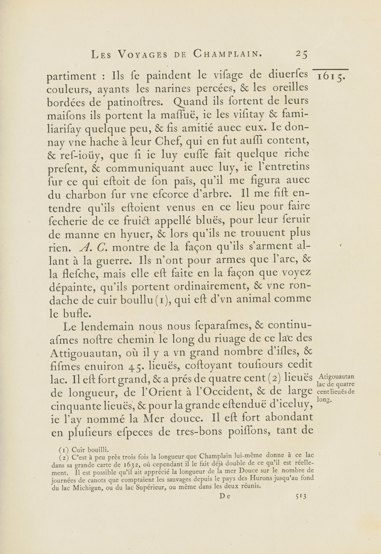 Reproduction de la cinq cent treizi&egrave;me page du premier tome de la deuxi&egrave;me &eacute;dition critique de Charles-Honor&eacute; Laverdi&egrave;re des Oeuvres de Champlain relatant le voyage de Champlain, du confluent des rivi&egrave;res Mattawa et des Outaouais jusqu’en Huronie en 1615, 1870.