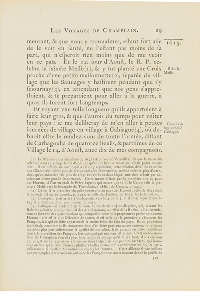 Reproduction de la cinq cent dix-septi&egrave;me page du premier tome de la deuxi&egrave;me &eacute;dition critique de Charles-Honor&eacute; Laverdi&egrave;re des Oeuvres de Champlain d&eacute;crivant la vie des Autochtones et la flore des r&eacute;gions de la Baie Georgienne et du lac Simcoe en 1615, 1870.