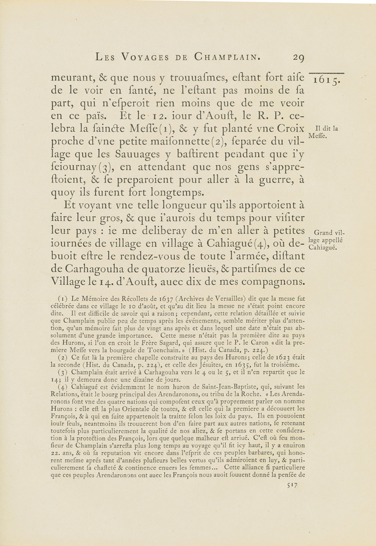 Reproduction de la cinq cent dix-septi&egrave;me page du premier tome de la deuxi&egrave;me &eacute;dition critique de Charles-Honor&eacute; Laverdi&egrave;re des Oeuvres de Champlain d&eacute;crivant la vie des Autochtones et la flore des r&eacute;gions de la Baie Georgienne et du lac Simcoe en 1615, 1870.