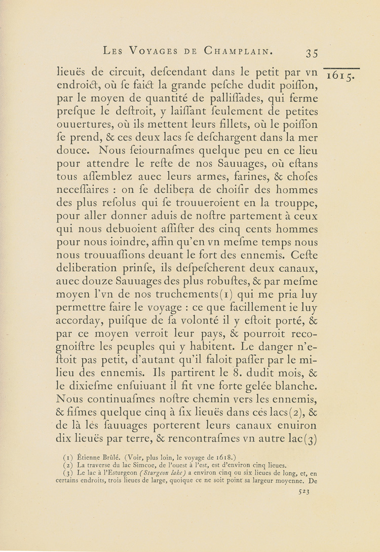 Reproduction de la cinq cent vingt-troisi&egrave;me page du premier tome de la deuxi&egrave;me &eacute;dition critique de Charles-Honor&eacute; Laverdi&egrave;re des Oeuvres de Champlain d&eacute;crivant la vie des Autochtones, la flore et la faune de la r&eacute;gion du Lac Ontario en 1615, 1870.