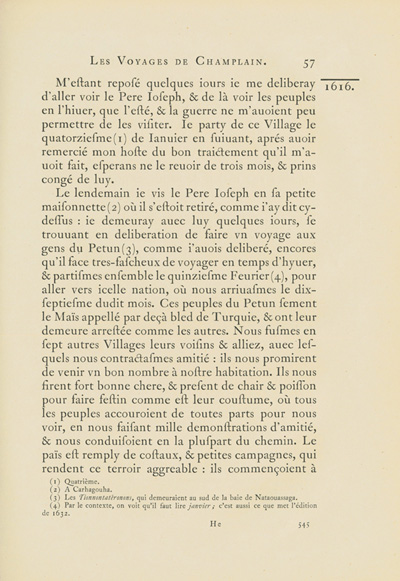 Reproduction de la cinq cent quarante-cinqui&egrave;me page du premier tome de la deuxi&egrave;me &eacute;dition critique de Charles-Honor&eacute; Laverdi&egrave;re des Oeuvres de Champlain d&eacute;crivant la vie des Autochtones, dont les P&eacute;tuns, la flore et la faune en Huronie et dans la P&eacute;ninsule Bruce en 1615-1616, 1870.