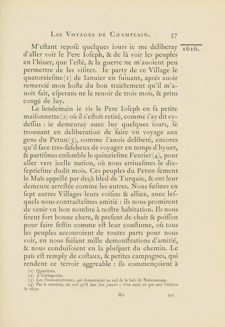 Reproduction de la cinq cent quarante-cinqui&egrave;me page du premier tome de la deuxi&egrave;me &eacute;dition critique de Charles-Honor&eacute; Laverdi&egrave;re des Oeuvres de Champlain d&eacute;crivant la vie des Autochtones, dont les P&eacute;tuns, la flore et la faune en Huronie et dans la P&eacute;ninsule Bruce en 1615-1616, 1870.