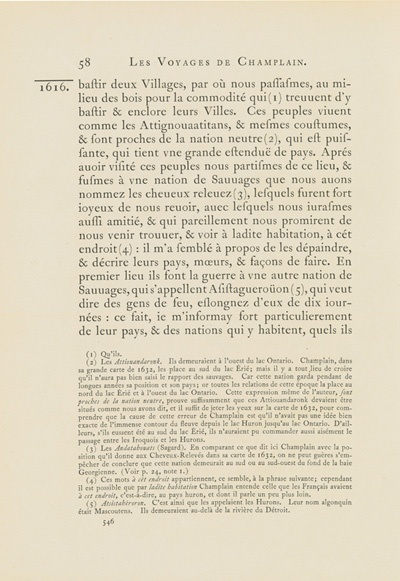 Reproduction de la cinq cent quarante-sixi&egrave;me page du premier tome de la deuxi&egrave;me &eacute;dition critique de Charles-Honor&eacute; Laverdi&egrave;re des Oeuvres de Champlain d&eacute;crivant la vie des Autochtones, dont les P&eacute;tuns, la flore et la faune en Huronie et dans la P&eacute;ninsule Bruce en 1615-1616, 1870.