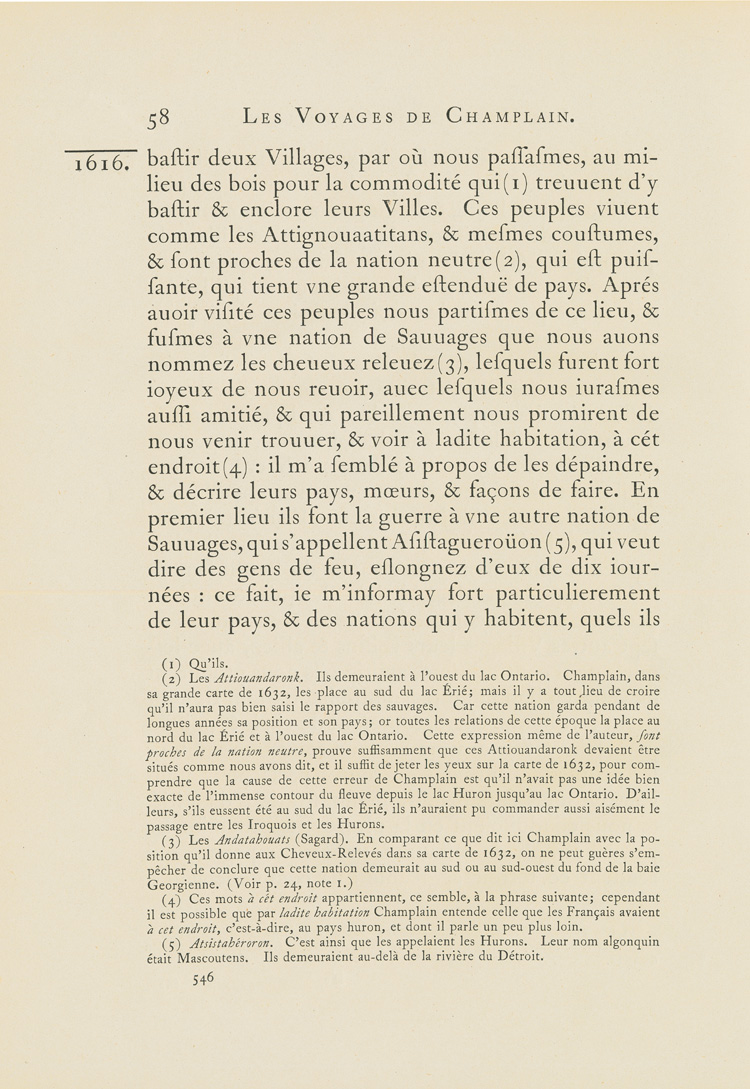 Reproduction de la cinq cent quarante-sixi&egrave;me page du premier tome de la deuxi&egrave;me &eacute;dition critique de Charles-Honor&eacute; Laverdi&egrave;re des Oeuvres de Champlain d&eacute;crivant la vie des Autochtones, dont les P&eacute;tuns, la flore et la faune en Huronie et dans la P&eacute;ninsule Bruce en 1615-1616, 1870.