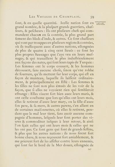 Reproduction de la cinq cent quarante-septi&egrave;me page du premier tome de la deuxi&egrave;me &eacute;dition critique de Charles-Honor&eacute; Laverdi&egrave;re des Oeuvres de Champlain d&eacute;crivant la vie des Autochtones, dont les P&eacute;tuns, la flore et la faune en Huronie et dans la P&eacute;ninsule Bruce en 1615-1616, 1870.