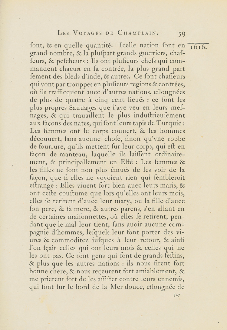 Reproduction de la cinq cent quarante-septi&egrave;me page du premier tome de la deuxi&egrave;me &eacute;dition critique de Charles-Honor&eacute; Laverdi&egrave;re des Oeuvres de Champlain d&eacute;crivant la vie des Autochtones, dont les P&eacute;tuns, la flore et la faune en Huronie et dans la P&eacute;ninsule Bruce en 1615-1616, 1870.