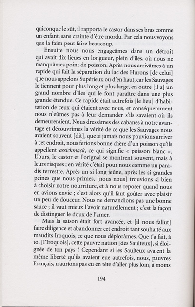 Reproduction de la cent-quatre-vingt-quatorzi&egrave;me page de Les aventures extraordinaires d’un coureur des bois. R&eacute;cits de voyage au pays des Indiens d’Am&eacute;rique, par Pierre-Esprit Radisson, traduit de l’anglais et annot&eacute; par Berthe Fouchier-Axelsen, relatant le voyage du lac Nipissing jusqu’&agrave; Sault-Sainte-Marie de M&eacute;dard Chouart Des Groseilliers et de Pierre-Esprit Radisson en 1659, 1999. 