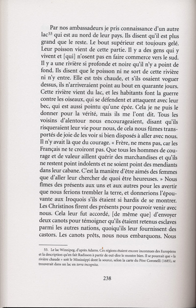 Reproduction de la deux-cent-trente-huiti&egrave;me page de Les aventures extraordinaires d’un coureur des bois. R&eacute;cits de voyage au pays des Indiens d’Am&eacute;rique, par Pierre-Esprit Radisson, traduit de l’anglais et annot&eacute; par Berthe Fouchier-Axelsen, , relatant le voyage de retour vers Montr&eacute;al par la route de l’Outaouais de M&eacute;dard Chouart Des Groseilliers et de Pierre-Esprit Radisson en 1660, 1999.