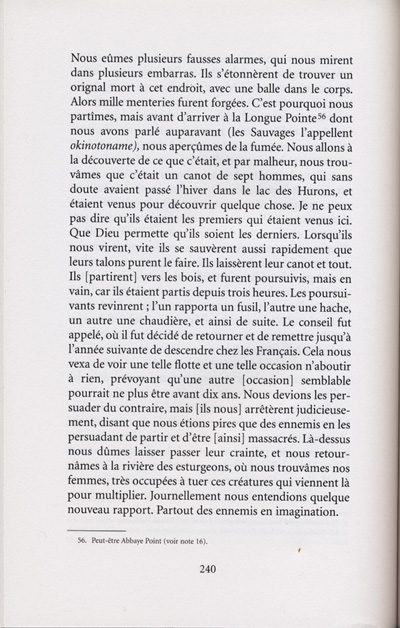 Reproduction de la deux-cent-quaranti&egrave;me page de Les aventures extraordinaires d’un coureur des bois. R&eacute;cits de voyage au pays des Indiens d’Am&eacute;rique, par Pierre-Esprit Radisson, traduit de l’anglais et annot&eacute; par Berthe Fouchier-Axelsen, , relatant le voyage de retour vers Montr&eacute;al par la route de l’Outaouais de M&eacute;dard Chouart Des Groseilliers et de Pierre-Esprit Radisson en 1660, 1999.