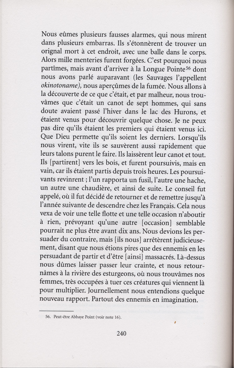 Reproduction de la deux-cent-quaranti&egrave;me page de Les aventures extraordinaires d’un coureur des bois. R&eacute;cits de voyage au pays des Indiens d’Am&eacute;rique, par Pierre-Esprit Radisson, traduit de l’anglais et annot&eacute; par Berthe Fouchier-Axelsen, , relatant le voyage de retour vers Montr&eacute;al par la route de l’Outaouais de M&eacute;dard Chouart Des Groseilliers et de Pierre-Esprit Radisson en 1660, 1999.