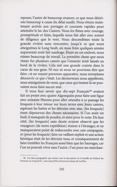 Reproduction de la deux-cent-quarante-deuxi&egrave;me page de Les aventures extraordinaires d’un coureur des bois. R&eacute;cits de voyage au pays des Indiens d’Am&eacute;rique, par Pierre-Esprit Radisson, traduit de l’anglais et annot&eacute; par Berthe Fouchier-Axelsen, , relatant le voyage de retour &agrave; Montr&eacute;al de M&eacute;dard Chouart Des Groseilliers et de Pierre-Esprit Radisson ainsi que la bataille du Long-Sault en 1660, 1999.