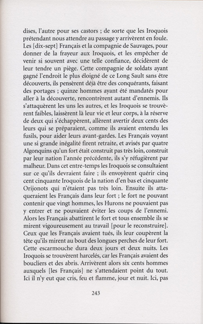 Reproduction de la deux-cent-quarante-troisi&egrave;me page de Les aventures extraordinaires d’un coureur des bois. R&eacute;cits de voyage au pays des Indiens d’Am&eacute;rique, par Pierre-Esprit Radisson, traduit de l’anglais et annot&eacute; par Berthe Fouchier-Axelsen, , relatant le voyage de retour &agrave; Montr&eacute;al de M&eacute;dard Chouart Des Groseilliers et de Pierre-Esprit Radisson ainsi que la bataille du Long-Sault en 1660, 1999.