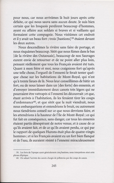 Reproduction de la deux-cent-quarante-cinqui&egrave;me page de Les aventures extraordinaires d’un coureur des bois. R&eacute;cits de voyage au pays des Indiens d’Am&eacute;rique, par Pierre-Esprit Radisson, traduit de l’anglais et annot&eacute; par Berthe Fouchier-Axelsen, , relatant le voyage de retour &agrave; Montr&eacute;al de M&eacute;dard Chouart Des Groseilliers et de Pierre-Esprit Radisson ainsi que la bataille du Long-Sault en 1660, 1999.