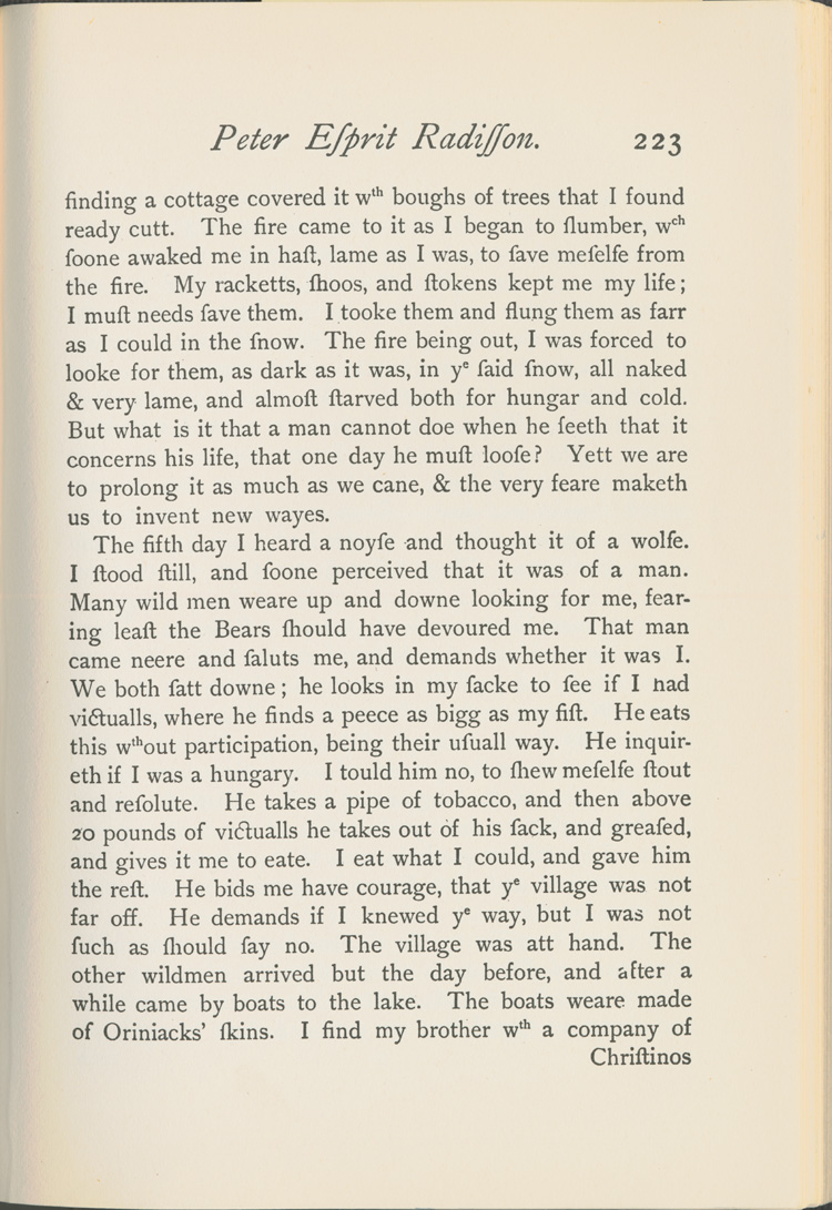 Reproduction de la deux-cent-vingt-troisi&egrave;me page du Voyages of Peter Esprit Radisson, being an account of his travels and experiences among the North American Indians, from 1652 to 1684, transcription par Gideon D. Scull du manuscrit original anglais conserv&eacute; &agrave; Londres, relatant la travers&eacute;e du lac Sup&eacute;rieur de M&eacute;dard Chouart Des Groseilliers et de Pierre-Esprit Radisson en 1660, 1943
