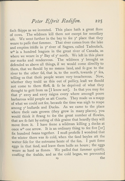 Reproduction de la deux-cent-vingt-cinqui&egrave;me page du Voyages of Peter Esprit Radisson, being an account of his travels and experiences among the North American Indians, from 1652 to 1684, transcription par Gideon D. Scull du manuscrit original anglais conserv&eacute; &agrave; Londres, relatant la travers&eacute;e du lac Sup&eacute;rieur de M&eacute;dard Chouart Des Groseilliers et de Pierre-Esprit Radisson en 1660, 1943. 	