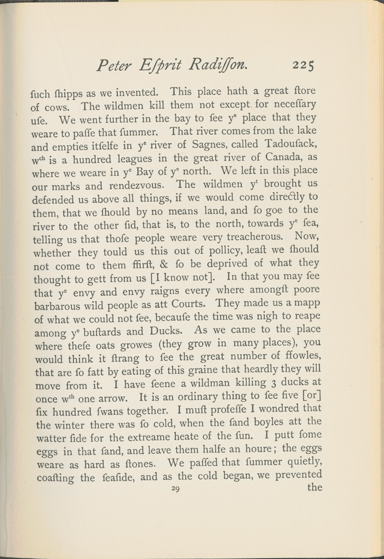 Reproduction de la deux-cent-vingt-cinqui&egrave;me page du Voyages of Peter Esprit Radisson, being an account of his travels and experiences among the North American Indians, from 1652 to 1684, transcription par Gideon D. Scull du manuscrit original anglais conserv&eacute; &agrave; Londres, relatant la travers&eacute;e du lac Sup&eacute;rieur de M&eacute;dard Chouart Des Groseilliers et de Pierre-Esprit Radisson en 1660, 1943. 	