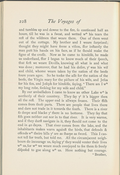 Reproduction de la deux-cent-vingt-huiti&egrave;me page du Voyages of Peter Esprit Radisson, being an account of his travels and experiences among the North American Indians, from 1652 to 1684, transcription par Gideon D. Scull du manuscrit original anglais conserv&eacute; &agrave; Londres, relatant le voyage de retour vers Montr&eacute;al par la route de l’Outaouais de M&eacute;dard Chouart Des Groseilliers et de Pierre-Esprit Radisson en 1660, 1943.
