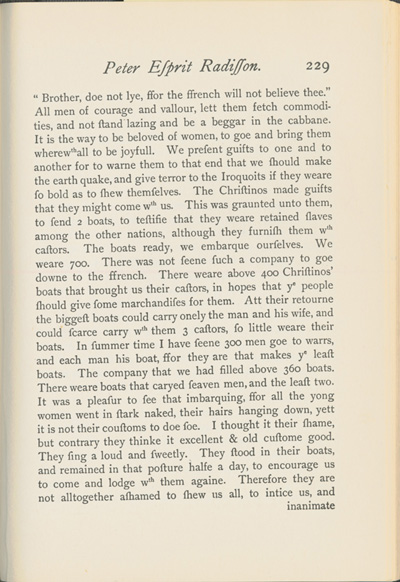 Reproduction de la deux-cent-vingt-neuvi&egrave;me page du Voyages of Peter Esprit Radisson, being an account of his travels and experiences among the North American Indians, from 1652 to 1684, transcription par Gideon D. Scull du manuscrit original anglais conserv&eacute; &agrave; Londres, relatant le voyage de retour vers Montr&eacute;al par la route de l’Outaouais de M&eacute;dard Chouart Des Groseilliers et de Pierre-Esprit Radisson en 1660, 1943.