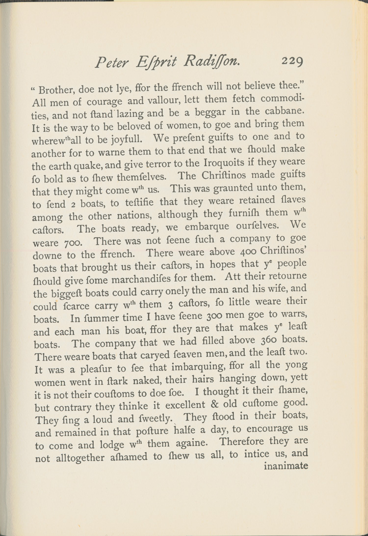 Reproduction de la deux-cent-vingt-neuvi&egrave;me page du Voyages of Peter Esprit Radisson, being an account of his travels and experiences among the North American Indians, from 1652 to 1684, transcription par Gideon D. Scull du manuscrit original anglais conserv&eacute; &agrave; Londres, relatant le voyage de retour vers Montr&eacute;al par la route de l’Outaouais de M&eacute;dard Chouart Des Groseilliers et de Pierre-Esprit Radisson en 1660, 1943.