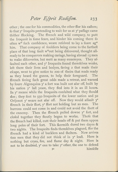 Reproduction de la deux-cent-trente-troisi&egrave;me page du Voyages of Peter Esprit Radisson, being an account of his travels and experiences among the North American Indians, from 1652 to 1684, transcription par Gideon D. Scull du manuscrit original anglais conserv&eacute; &agrave; Londres, relatant le voyage de retour vers Montr&eacute;al de M&eacute;dard Chouart Des Groseilliers et de Pierre-Esprit Radisson ainsi que la bataille du Long-Sault en 1660, 1943.