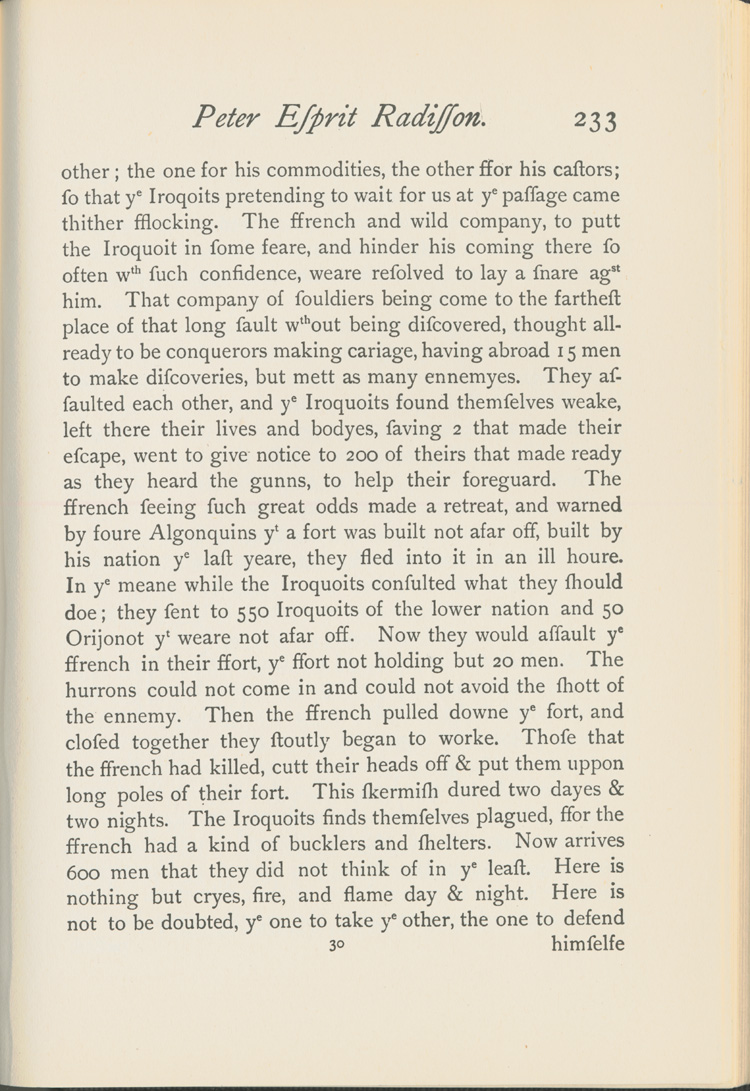 Reproduction de la deux-cent-trente-troisi&egrave;me page du Voyages of Peter Esprit Radisson, being an account of his travels and experiences among the North American Indians, from 1652 to 1684, transcription par Gideon D. Scull du manuscrit original anglais conserv&eacute; &agrave; Londres, relatant le voyage de retour vers Montr&eacute;al de M&eacute;dard Chouart Des Groseilliers et de Pierre-Esprit Radisson ainsi que la bataille du Long-Sault en 1660, 1943.