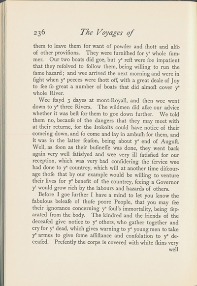 Reproduction de la deux-cent-trente-sixi&egrave;me page du Voyages of Peter Esprit Radisson, being an account of his travels and experiences among the North American Indians, from 1652 to 1684, transcription par Gideon D. Scull du manuscrit original anglais conserv&eacute; &agrave; Londres, relatant le voyage de retour vers Montr&eacute;al de M&eacute;dard Chouart Des Groseilliers et de Pierre-Esprit Radisson ainsi que la bataille du Long-Sault en 1660, 1943.